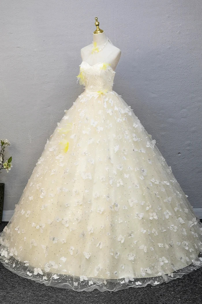 Elegant Halter Neckline Tulle Floor Length Prom Dress, off-white A-Line Evening Formal Dress ED01093
