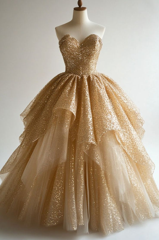 Robe de bal longue en tulle et sequins, coupe trapèze dorée, décolleté en cœur, élégante robe de soirée ED01496