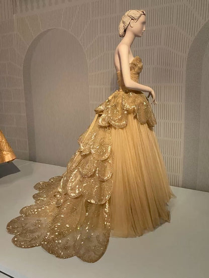 Gold A-line Strapless Tulle Sequined Long Ball Gown ED01479