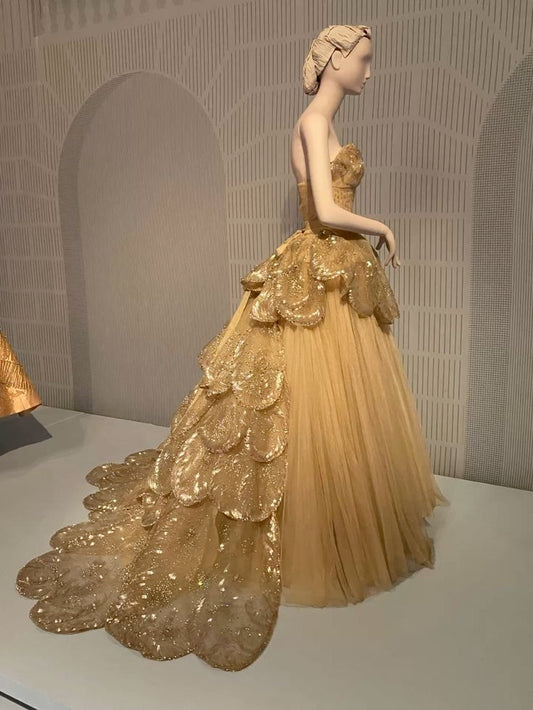 Gold A-line Strapless Tulle Sequined Long Ball Gown ED01479
