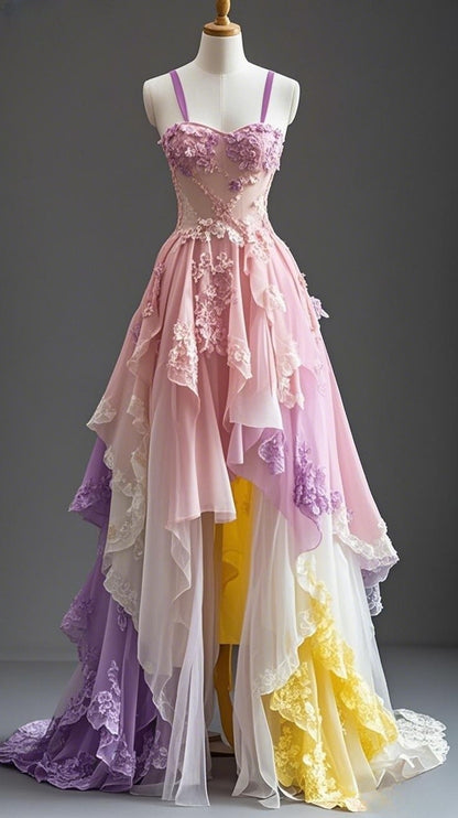 Blue Vintage A-line Sweetheart Neckline Tulle Applique Hi-Lo Prom Dress Lace Spaghetti Strap Evening Dress