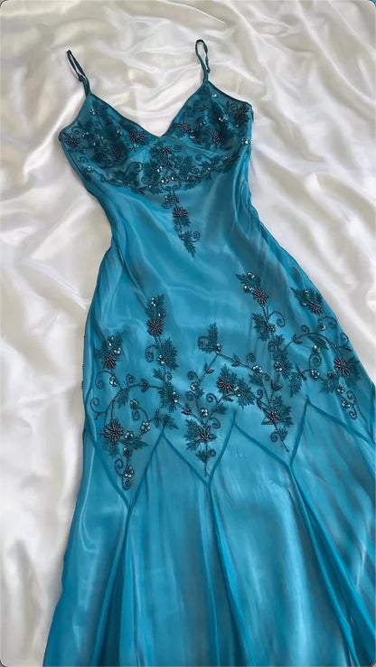 Modest vintage Prom Dress Spaghetti Straps  Blue 🩵Chiffon Sheath Evening Dress with Beading 