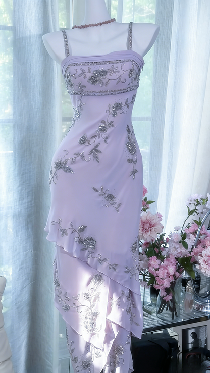 Vintage Spaghetti Straps Sheath Long Prom Dresses Chiffon Beaded Yellow Formal Dresses ED05231
