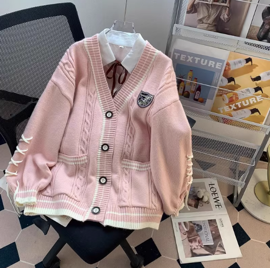 Preppy Pink V-Neck Cardigan Sweater ED0182