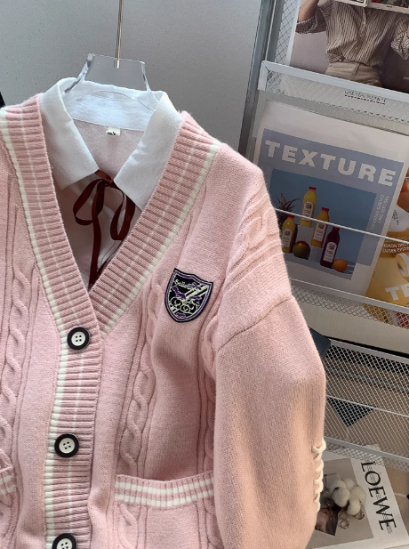 Preppy Pink V-Neck Cardigan Sweater ED0182