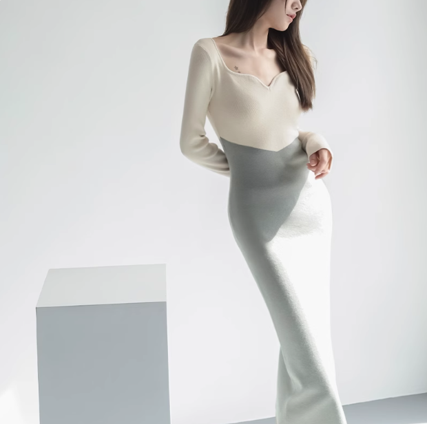 Langärmliges Strickkleid mit französischem Panel ED0205