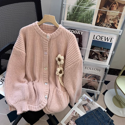 Dicker Strickjacke im Retro-Stil mit Rundhalsausschnitt ED0222