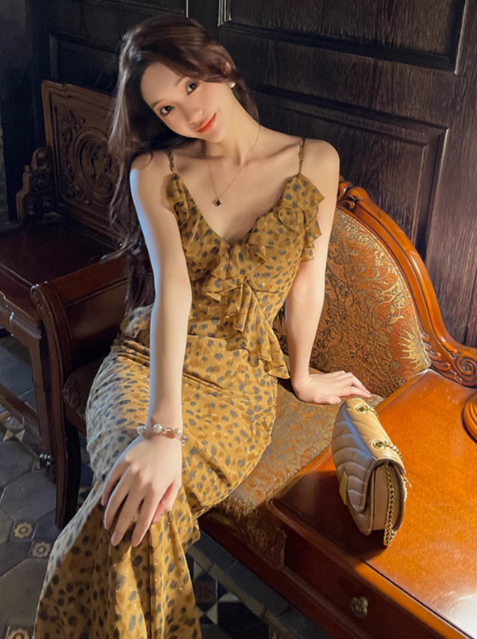 Französisches Retro-Kleid aus Chiffon mit Leopardenmuster, V-Ausschnitt und Rüschen, ED0361