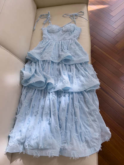 Blue chiffon suspender long cake skirt ED0946