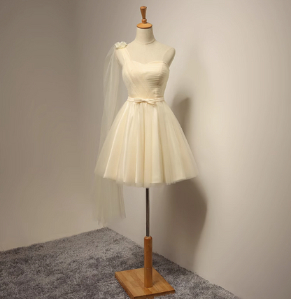 Champagner A-Linie Herzausschnitt Tüll kurzes Ballkleid, Champagner Brautjungfernkleid ED0971