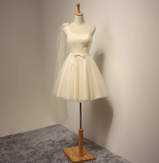 Champagner A-Linie Herzausschnitt Tüll kurzes Ballkleid, Champagner Brautjungfernkleid ED0971