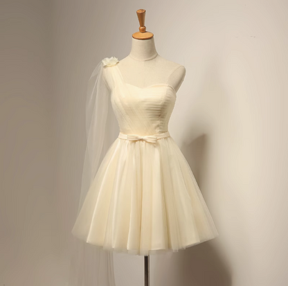 Champagner A-Linie Herzausschnitt Tüll kurzes Ballkleid, Champagner Brautjungfernkleid ED0971