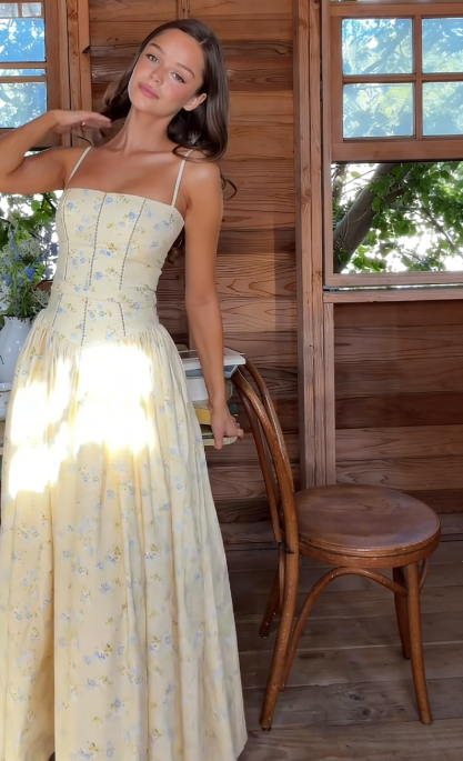 Chic Pale Yellow Party Dress Spaghetti Straps A-Line Floral Satin Long Evening Dress EW0666
