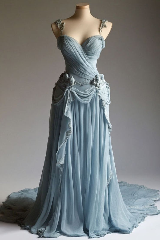 Vintage A-line Sweetheart Neckline Chiffon Lace Long Prom Dress Gentle Evening Dress ED01415