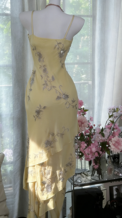 Vintage Spaghetti Straps Sheath Long Prom Dresses Chiffon Beaded Yellow Formal Dresses ED05231