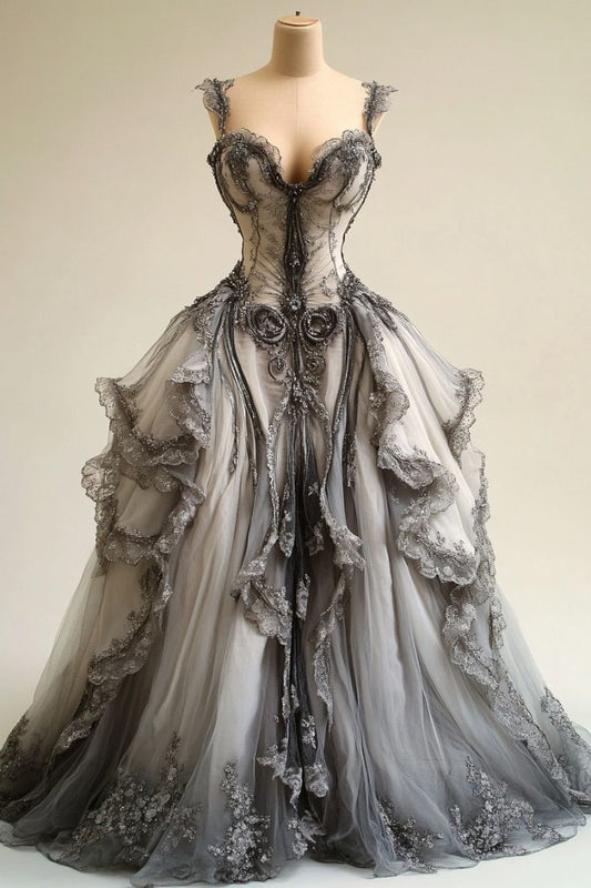 A-line V-neck Lace Tulle Long Ball Gown, Vintage Formal Dress ED01232