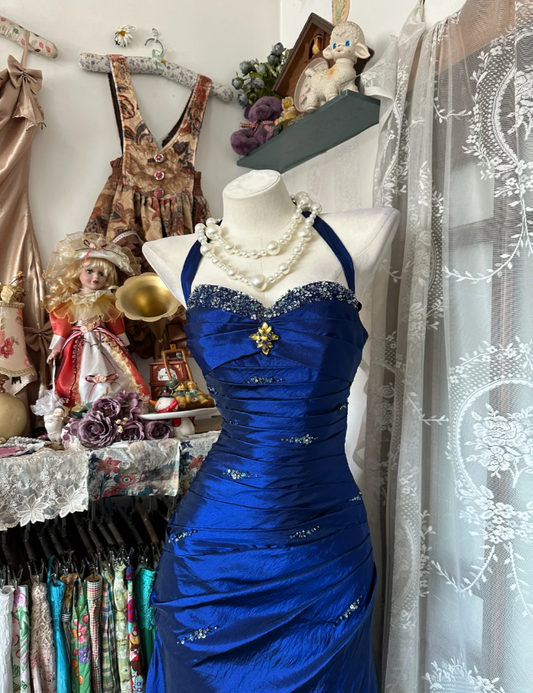 Blue Sheath Halter Beadings Satin Long Formal Dress