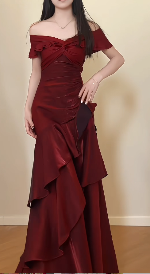Burgundy Off-shoulderA-Line Satin Long Formal Dress
