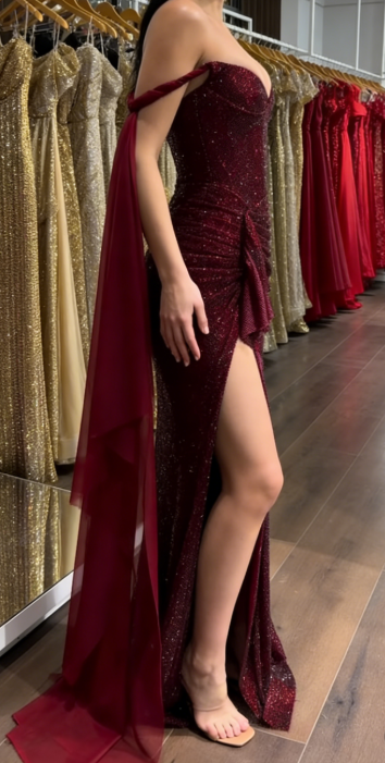 Burgundy Off-shoulder Sheath Slit Tulle Diamonds Long Formal Dress