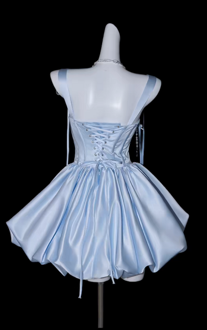 Niedliches blaues kurzes Ballkleid, Spaghettiträger, Geburtstagskleid, A-Linie, Satin, ärmelloses Partykleid E0123