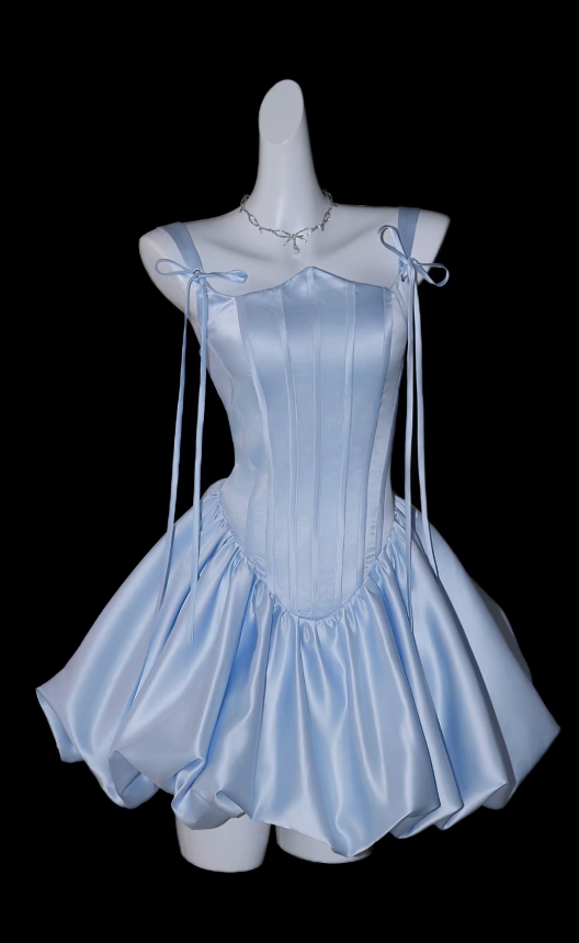 Niedliches blaues kurzes Ballkleid, Spaghettiträger, Geburtstagskleid, A-Linie, Satin, ärmelloses Partykleid E0123
