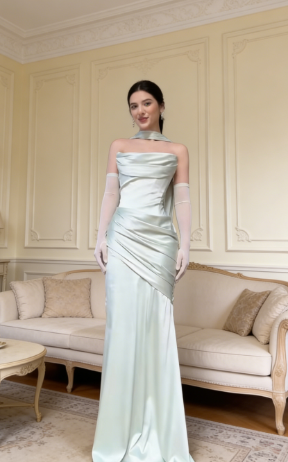 Chic Sheath Strapless Long Evening Dress Satin   Prom Dress E0127
