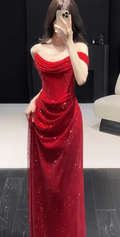 Glitter Sheath Off-shoulder Long Evening Dress Tulle Diamonds Red Prom Dress E0128