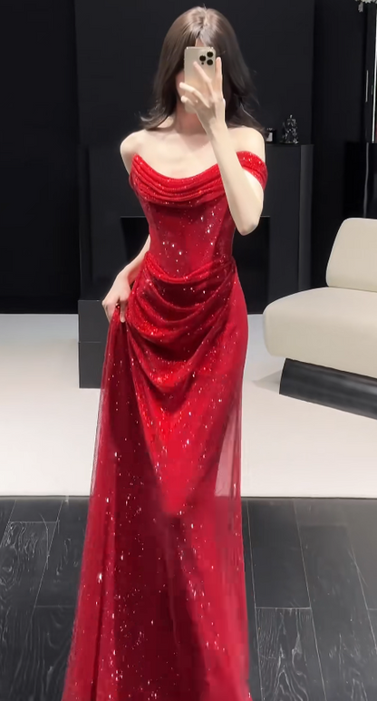 Glitter Sheath Off-shoulder Long Evening Dress Tulle Diamonds Red Prom Dress E0128
