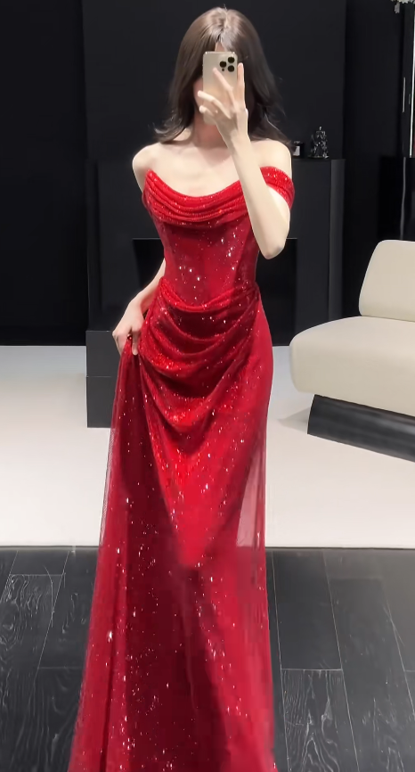 Glitter Sheath Off-shoulder Long Evening Dress Tulle Diamonds Red Prom Dress E0128