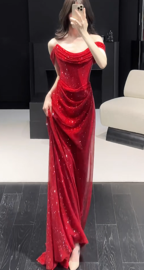 Glitter Sheath Off-shoulder Long Evening Dress Tulle Diamonds Red Prom Dress E0128