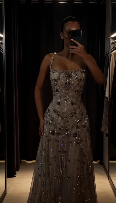 Glitter Sheath Spaghetti Straps Long Evening Dress Tulle Beaded Sequins Prom Dress E0129