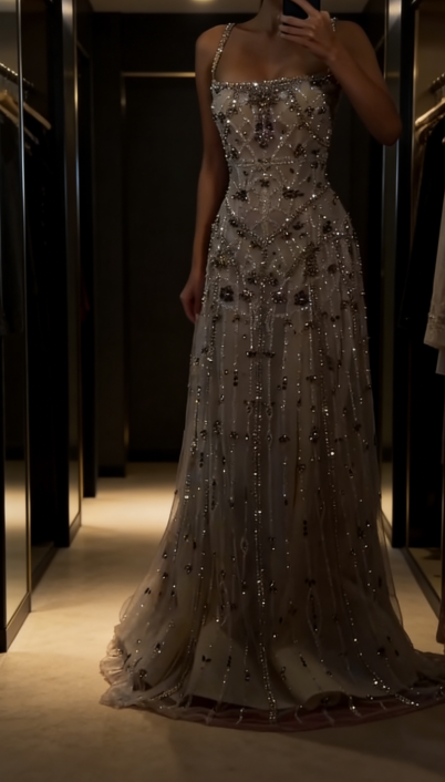 Glitter Sheath Spaghetti Straps Long Evening Dress Tulle Beaded Sequins Prom Dress E0129