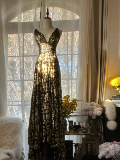 Glitter A-Line V-neck Long Evening Dress Black and Gold Prom Dress E0130
