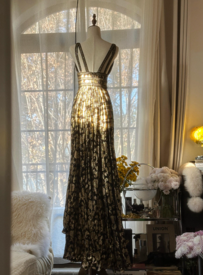 Glitter A-Line V-neck Long Evening Dress Black and Gold Prom Dress E0130