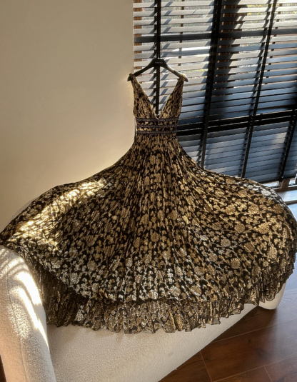 Glitter A-Line V-neck Long Evening Dress Black and Gold Prom Dress E0130