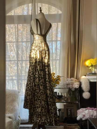 Glitter A-Line V-neck Long Evening Dress Black and Gold Prom Dress E0130