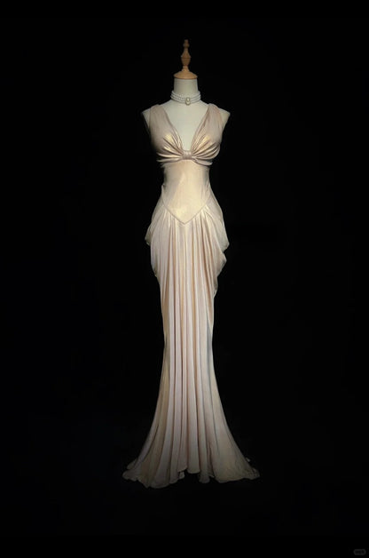 Élégante Robe de soirée longue sirène en satin col en V couleur champagne pour le bal de promo E0131