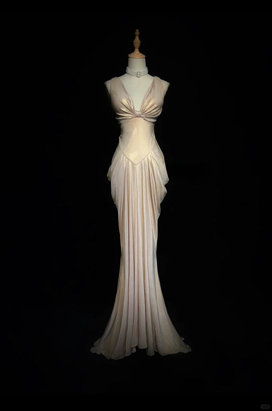 Elegant  Mermaid Long Evening Dress V-neck Satin Champagne Prom Dress  E0131