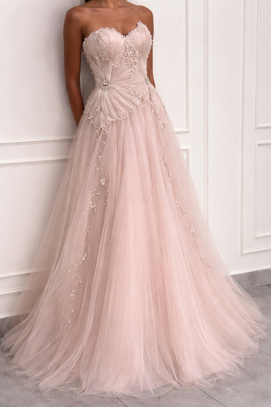 Robe de soirée longue trapèze en tulle avec bustier en cœur, magnifique robe de bal rose E0202