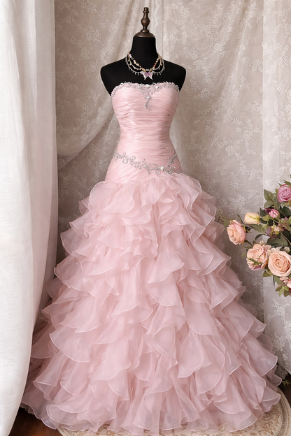Pink Prom Dress A-Line Tulle Strapless Sweet 16 Dress Sleeveless Long Evening Dress  E0205