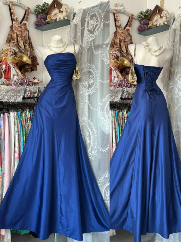 Chic Blue Prom Dress Sheath Long Evening Dress Strapless Satin Dress for Party EA09111