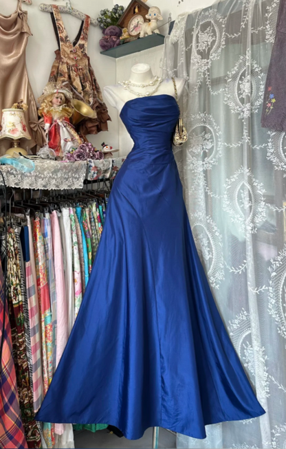 Chic Blue Prom Dress Sheath Long Evening Dress Strapless Satin Dress for Party EA09111