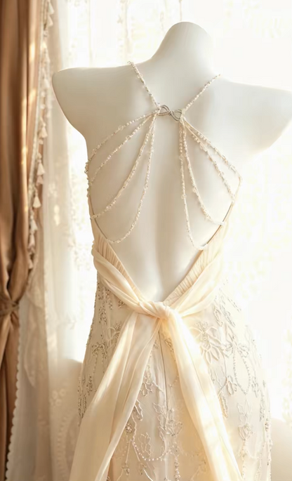 Vintage Ivory Prom Dress Straps Sheath Beaded Chiffon Long Evening Dress EA09201