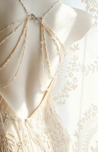 Vintage Ivory Prom Dress Straps Sheath Beaded Chiffon Long Evening Dress EA09201