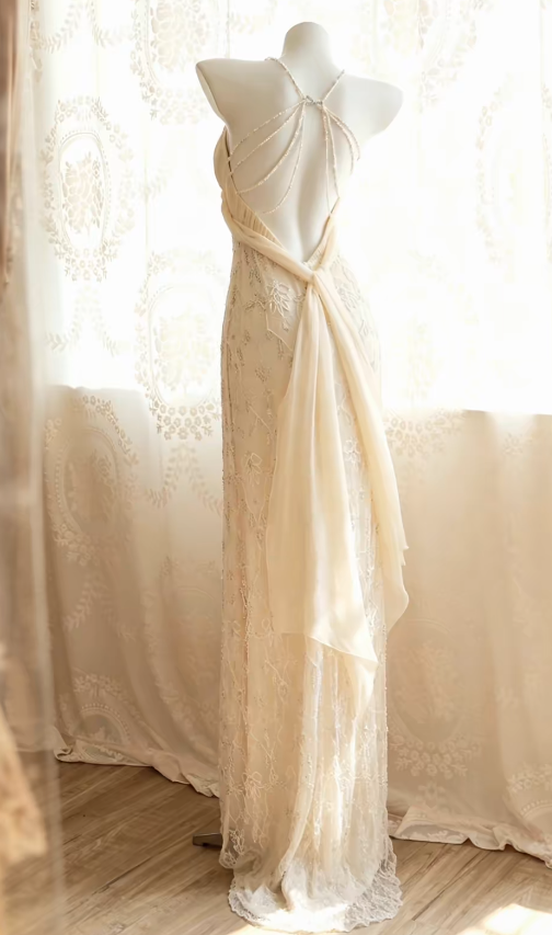 Vintage Ivory Prom Dress Straps Sheath Beaded Chiffon Long Evening Dress EA09201