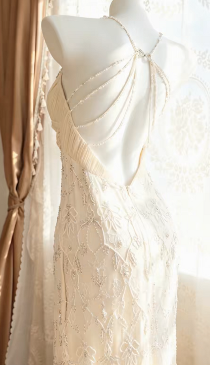 Vintage Ivory Prom Dress Straps Sheath Beaded Chiffon Long Evening Dress EA09201