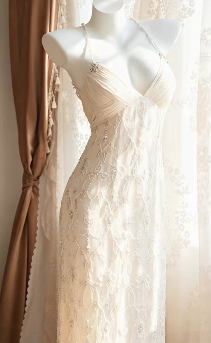 Vintage Ivory Prom Dress Straps Sheath Beaded Chiffon Long Evening Dress EA09201
