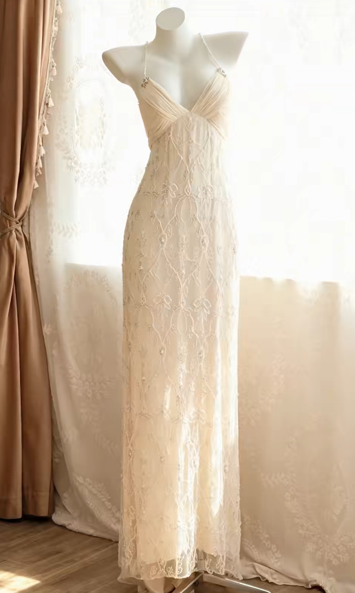 Vintage Ivory Prom Dress Straps Sheath Beaded Chiffon Long Evening Dress EA09201