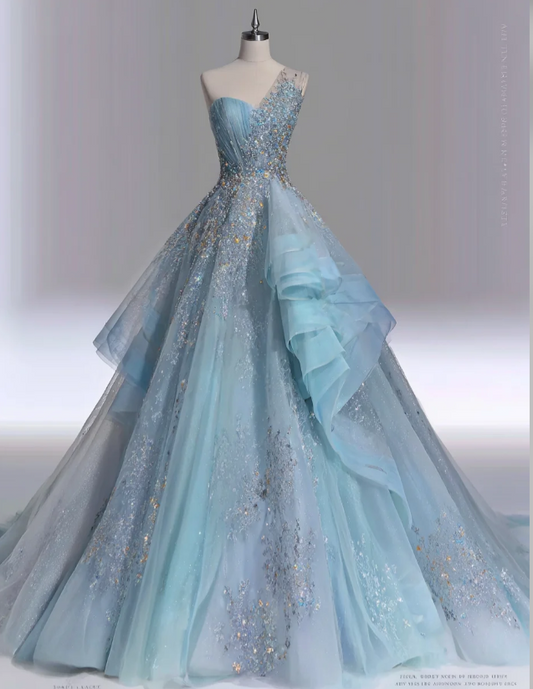 Gorgeous Blue Prom Dress One-shoulder A-Line Quinceanera Dress Tulle Sweet 16 Dress EA09204
