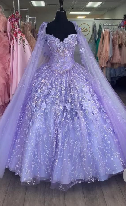Gorgeous Purple Prom Dress Off-shoulder Ball Gown Quinceanera Dress Tulle Appliques Sweet 16 Dress EA09205